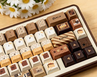 146 teclas para gaming en color chocolate decadente, teclas de teclado PBT de sublimación de tinta de 5 lados con perfil cereza y FOA, teclas personalizadas de ajuste universal.