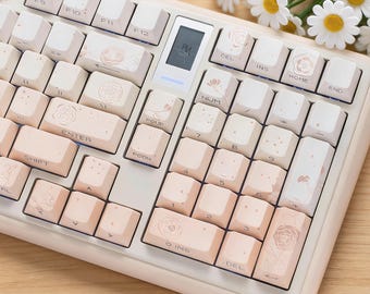 Juego de 129 teclas para gaming Blush Camellia, teclas PBT de perfil cereza con sublimación de 5 lados, teclas personalizadas para escritorio