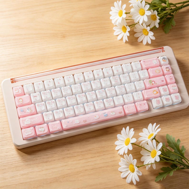 Juego de 119 teclas con perfil MAO de gato rosa pastel, teclas kawaii, teclas de teclado mecánico con animales de dibujos animados, regalo para chicas amantes de los gatos. imagen 4