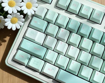 Juego de 140 teclas para gaming Mint Green Kite, teclas de teclado PBT de perfil Cherry de 5 lados con sublimación de tinta, teclas mecánicas universales personalizadas.