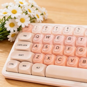 May include: A vintage-inspired keyboard featuring rounded keys in a two-tone pink and white colour scheme. The keys are arranged in a QWERTY layout. A bunch of white daisies with yellow centres sits next to the keyboard, offering a delicate, feminine look.
