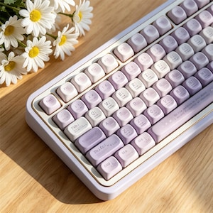 May include: A mechanical keyboard featuring a gradient of light purple to white keycaps with custom lettering and symbols. The keyboard frame is light purple with a gold-colored trim. The keys are arranged in a standard layout with specific icons.