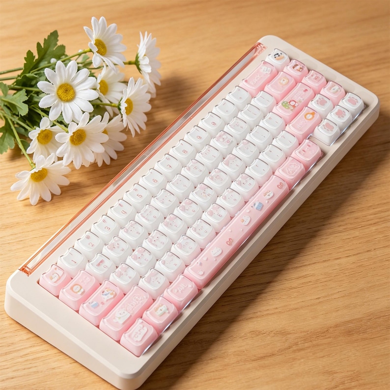 Puede incluir: Un teclado mec&aacute;nico con marco color crema y una mezcla de teclas blancas y rosa pastel. Las teclas presentan peque&ntilde;as ilustraciones gr&aacute;ficas coloridas de varios objetos. Un ramo de margaritas blancas con centros amarillos se encuentra al lado.
