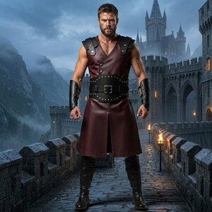 Puede incluir: Un atuendo de cuero burdeos con cinturón negro con tachuelas y protectores de brazo a juego. El atuendo incluye botas negras hasta la rodilla. El fondo presenta un castillo medieval y un puente de piedra.
