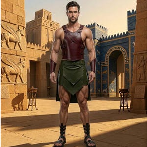 Traje de Gladiador Artesanal em Couro Genuíno - Peitoral Espartano Romano Medieval e Saia de Guerreiro - Cosplay Masculino -