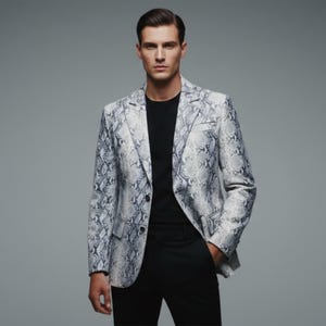 May include: A patterned blazer with a snakeskin design in shades of gray and white. The blazer has a two-button closure and is paired with a black shirt and black pants. The outfit is a modern take on a classic style.