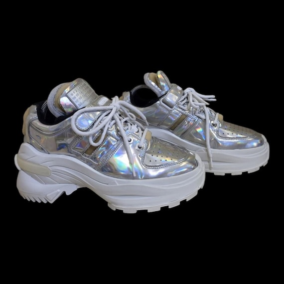 Maison Margiela, Maison Margiela Retrofit Holographic Silver Platform Sneakers Size EU 40 US 9-9.5 Chunky Metallic Low Top Trainers Made in Italy