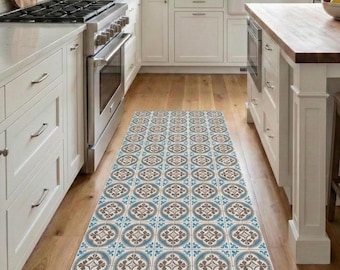 Spanish Blue Runner Rug, Tile Kitchen Mat, Wipeable Floor Mat, Non Slip Hallway vinly