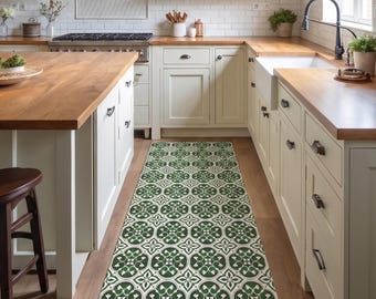 Groene tegelloper, vintage keukenmat, vloerdecor, antislipvinylloper, vloerkleed, gang