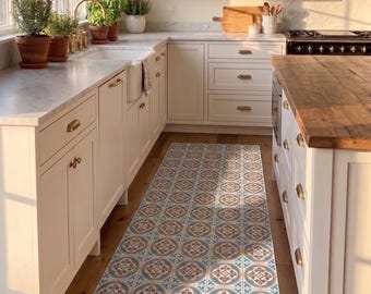 Blue Tile Mat, Kitchen Floor Protector, Wipeable Floor Rug, Non Slip Hallway vinly