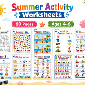 Puede incluir: Conjunto de hojas de trabajo de actividades de verano para niños de 4 a 6 años. Las hojas de trabajo incluyen actividades como colorear, emparejar y juegos de búsqueda, con ilustraciones temáticas de verano.