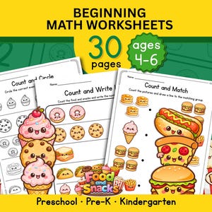 May include: Educational math worksheets for ages 4-6. The cover features the text "Beginning Math Worksheets" and "30 pages". The worksheets include counting and matching activities with colorful food illustrations like cupcakes, cookies, and pizza.