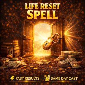 Könnte beinhalten: Digitales Kunstwerk mit dem Text "LIFE RESET SPELL" über einer offenen Tür mit einem goldenen Schloss. Das Bild zeigt Geldbündel, eine Sanduhr und die Worte "FAST RESULTS" und "SAME DAY CAST". Das Gesamtthema ist Magie und Wohlstand.