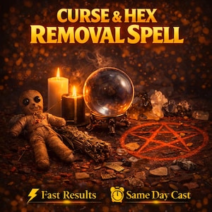 May include: An image featuring the text "CURSE & HEX REMOVAL SPELL" in gold. The scene includes lit candles, a crystal ball, a voodoo doll, and a pentagram symbol. The words "Fast Results" and "Same Day Cast" are also present.