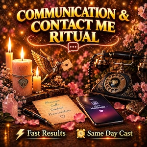 May include: A ritual display featuring the text COMMUNICATION & CONTACT ME RITUAL, a vintage black rotary phone, a smartphone showing New Message, a bird figurine holding an envelope, candles, a pen, and paper with the words Messages, Calls, Contact, Reconnection.