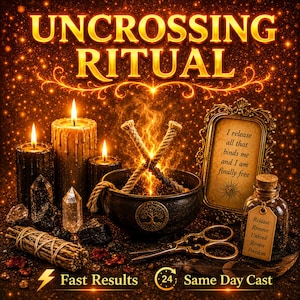 May include: An Uncrossing Ritual display featuring three brown candles, a black bowl with a tree emblem, two crossed ropes, clear crystals, a sage bundle, and a framed sign reading I release all that binds me and I am finally free. Includes a glass bottle with a tag reading Release Remove Unbind Renew Freedom, scissors, and text Fast Results and Same Day Cast.