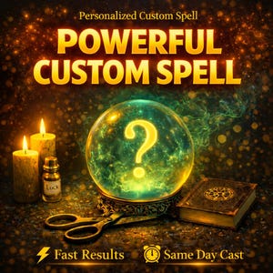 May include: An image with the text "Personalized Custom Spell" and "Powerful Custom Spell". A glowing crystal ball with a question mark, candles, a book, scissors, and a bottle labeled "Luck" are also visible. The image also includes the text "Fast Results" and "Same Day Cast".