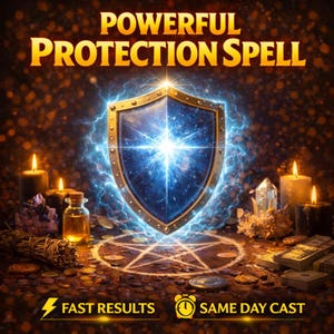 Puede incluir: Imagen con el texto "POWERFUL PROTECTION SPELL" sobre un escudo con un centro azul brillante y borde dorado. Rayos rodean el escudo. También se ven velas, cristales y un pentagrama.