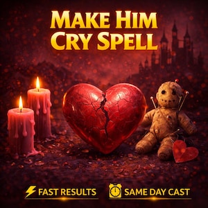 May include: An image with the text "MAKE HIM CRY SPELL" in gold lettering. A cracked red heart is centered, flanked by lit candles and a voodoo doll. The background features a castle silhouette.