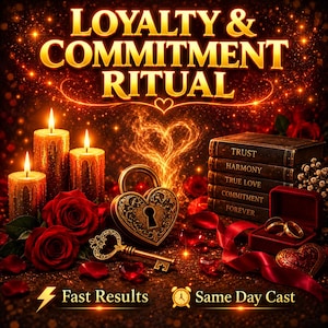 Peut inclure: Un graphique numérique intitulé LOYALTY & COMMITMENT RITUAL avec trois bougies allumées, des roses rouges, un cadenas en forme de cœur, une clé et une pile de livres marqués TRUST, HARMONY, TRUE LOVE, COMMITMENT, FOREVER. Texte : Fast Results, Same Day Cast.