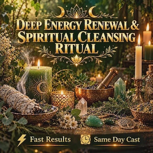 May include: A collection of items for a Deep Energy Renewal & Spiritual Cleansing Ritual, including a green candle with a sun and moon design, a sage bundle, crystals, a metal bowl, and a tall white candle. Text reads Fast Results and Same Day Cast.