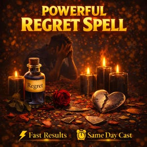 Può includere: Immagine con il testo "POWERFUL REGRET SPELL". Una bottiglia con l'etichetta "Regret" è posta vicino a una rosa rossa, candele e un cuore spezzato. Sono visibili anche le parole "Fast Results" e "Same Day Cast".