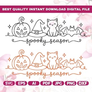 May include: A digital graphic design featuring two rows of line art illustrations. Each row displays a jack-o'-lantern, a witch hat, a cat, and a bat, accompanied by the text "spooky season" in cursive script. One row is black, the other is orange.