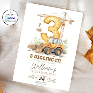 May include: A birthday invitation featuring a construction theme. The design includes a yellow front-end loader, a large number 3, and a construction crane. The text reads "& DIGGING IT!" and includes the birthday details.