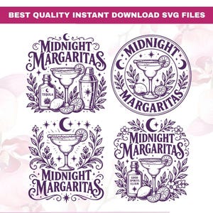 Puede incluir: Cuatro diseños gráficos de color morado con el texto Midnight Margaritas, copas de cóctel, botellas de tequila, cocteleras, limas y motivos celestiales como lunas y estrellas. Estas ilustraciones digitales se presentan como archivos vectoriales.