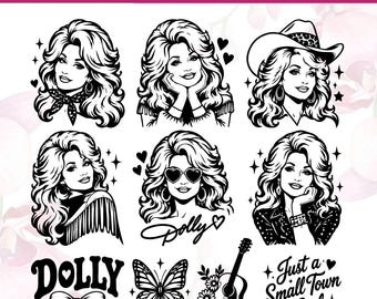 May include: A collection of black and white digital illustrations featuring six portraits of a woman with voluminous hair, a butterfly, a guitar with flowers, a bow, and the text Dolly and Just a Small Town Girl, presented as SVG files.
