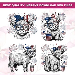 May include: Four digital illustrations of Highland cows featuring patriotic American themes. Each cow wears a star-spangled headband and heart-shaped glasses, surrounded by fireworks, small flags, and cups with red, white, and blue striped patterns.
