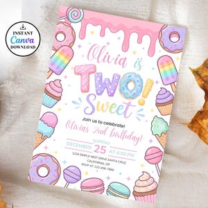 May include: A pastel-themed birthday invitation featuring the text "Olivia is Two! Sweet" and illustrations of sweets. The invitation includes the date, time, and location of the party, with a Canva download logo in the corner.