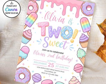 Two Sweet Birthday Invitation,Two Year Candy Invitation,Editable Sweet 2nd Birthday Girl Invite,Two Year Candy Invitation,Canva Template