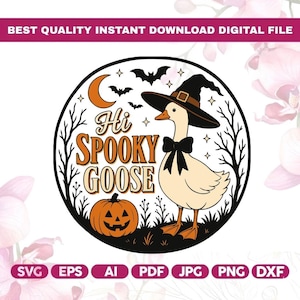 May include: A circular digital graphic featuring a goose wearing a black witch hat and a black bow tie. The text reads Hi SPOOKY GOOSE. The design includes an orange crescent moon, a jack-o'-lantern, bats, and bare tree silhouettes on a white background.