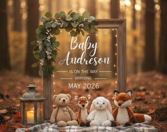 Woodland Baby Announcement Digital  Gender Neutral Pregnancy Reveal Photo  Editable Forest Stuffed Animal Template  Rustic Social Media