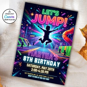 Op de afbeelding: Een kleurrijke uitnodiging voor Martha's 8e verjaardag, met een neon-ontwerp en de tekst "Let's Jump!". Het toont een silhouet van een springend kind en de evenementdetails: zaterdag 20 mei, 14:00-16:30 uur.