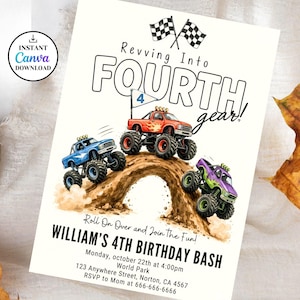 Könnte beinhalten: Eine weiße Einladungskarte mit dem Text "Revving Into Fourth Gear!" und "William's 4th Birthday Bash." Enthält Illustrationen von Monstertrucks in Rot, Blau und Lila, mit karierten Flaggen. Beinhaltet Eventdetails.