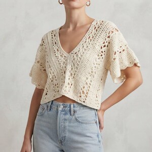 Häkelanleitung für ein Strandtop mit Küsten-Spitze, Sommer-Häkelshirt, Anfänger-Strandshirt, Häkeltop mit Spitze (PDF), Größen XS–5XL (nur auf Englisch verfügbar)
