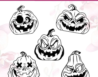 May include: A collection of five black and white pumpkin illustrations with various facial expressions, including one with an eye patch and one with x-shaped eyes. The text BEST QUALITY INSTANT DOWNLOAD SVG FILES is displayed at the top.