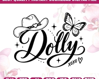 May include: A black and white digital graphic featuring the word Dolly in a cursive script font. The design includes a cowboy hat with a heart detail, a butterfly, small star accents, and the text XOXO followed by a heart symbol.