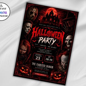Puede incluir: Un folleto de invitación para una fiesta de Halloween rectangular con un esquema de colores rojo oscuro y negro, una mansión embrujada, una luna llena y varios personajes de películas de terror. El texto dice Halloween Party, sábado 23 de octubre a las 19:00.