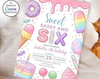 Sweet Sassy and Six verjaardagsuitnodiging, 6e verjaardag meisje meisje, 6e verjaardag meisje uitnodigen, Sweet 6e verjaardag meisje uitnodigen, snoep dessert donut ijs