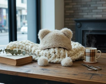 Gorro de peluche con orejas de oso, suave y cálido para mujer, ideal como regalo de San Valentín o de Año Nuevo.
