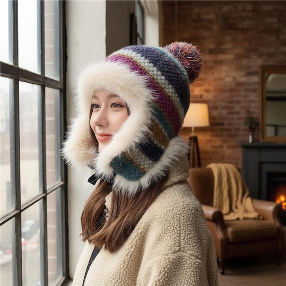 Plush Winter Hat With Colorful Stripes and Pom Pom, Soft  display picture 1