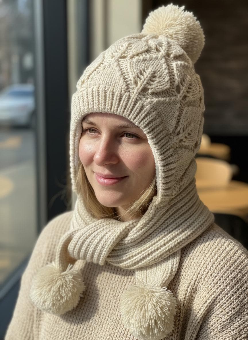 Plush Faux Fur Hooded Scarf with Pom Poms - Cream cream-faux-fur-hooded-  main image 2