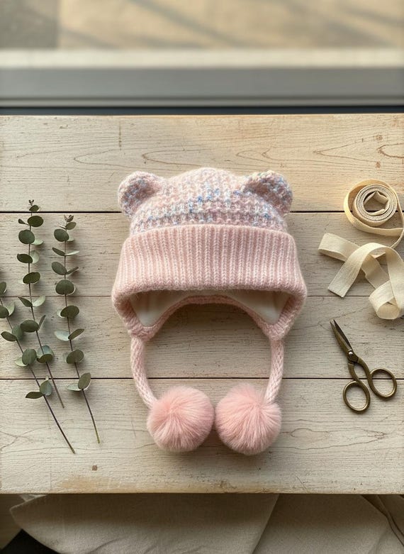 Plush Knit Winter Hat With Pom Poms, Soft Fuzzy Ear Flap  display picture 1