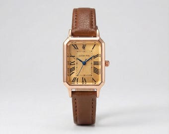 Vintage Damen Uhr Leder braun mit goldenem Zifferblatt & Römischen Ziffern