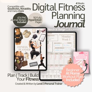 May include: Digital fitness planning journal in a neutral beige colorway. Includes 474 PNG journal stickers and 50 hyperlinked pages. Features a beginner at-home workout plan. The journal is designed to help plan, track, and build fitness.