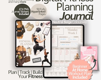 Digital Fitness Planner | 4 Week Workout and Weight Loss Journal | Trainer Designed Health and Meal Tracker for iPad | GoodNotes– Soft Beige