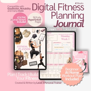 Digital Fitness Planner | 4 Week Workout and Weight Loss Journal | Trainer Designed Health and Meal Tracker for iPad, Android, GoodNotes